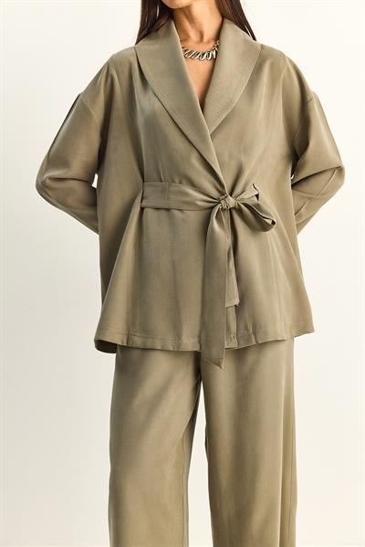 Kadın Kuşaklı Kimono Beli Lastikli Cep Detaylı Bol Palazzo Pantolon Modal Takım 9422 60286156 - Çağla Yeşili