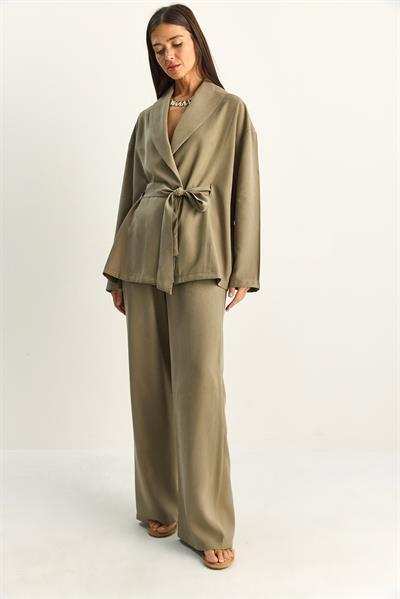Kadın Kuşaklı Kimono Beli Lastikli Cep Detaylı Bol Palazzo Pantolon Modal Takım 9422 60286156 - Çağla Yeşili