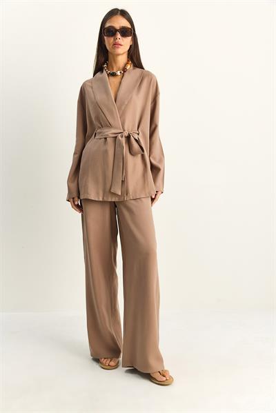 Kadın Kuşaklı Kimono Beli Lastikli Cep Detaylı Bol Palazzo Pantolon Modal Takım 9422 60286156 - Sütlü Kahve