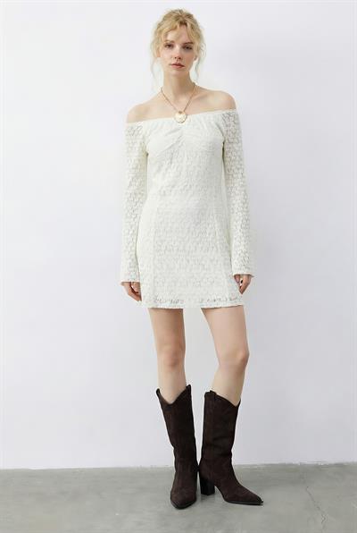 Kadın Lastikli Büzgü Yaka Dantelli Astarlı Ispanyol Kol Mini Elbise 5269 60283929 - Beyaz