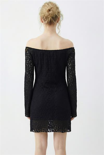 Kadın Lastikli Büzgü Yaka Dantelli Astarlı Ispanyol Kol Mini Elbise 5269 60283929 - Siyah