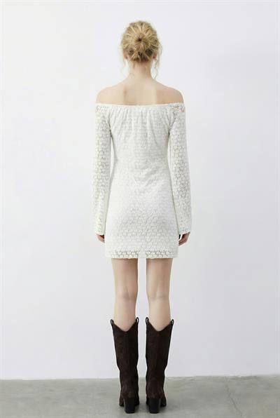 Kadın Lastikli Büzgü Yaka Dantelli Astarlı Ispanyol Kol Mini Elbise 5269 60283929 - Beyaz