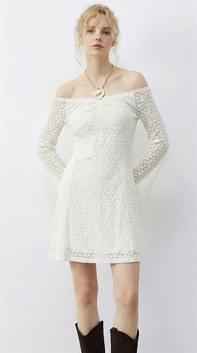 Kadın Lastikli Büzgü Yaka Dantelli Astarlı Ispanyol Kol Mini Elbise 5269 60283929 - Beyaz