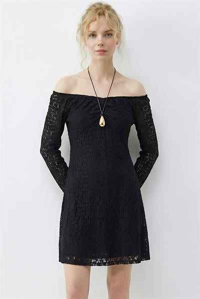 Kadın Lastikli Büzgü Yaka Dantelli Astarlı Ispanyol Kol Mini Elbise 5269 60283929 - Siyah