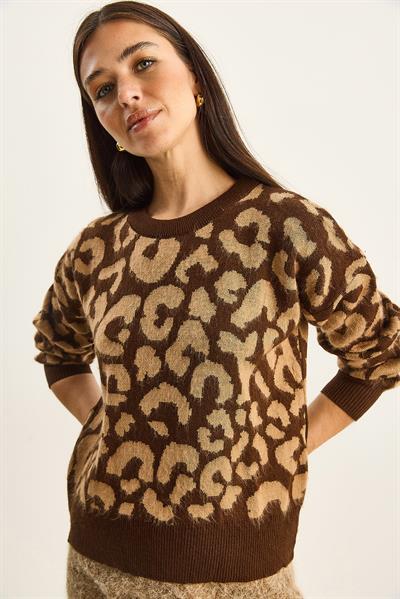 Kadın Leopar Desenli Bisiklet Yaka Şardonlu Basic Triko Kazak 60285010 - Kahverengi-Camel