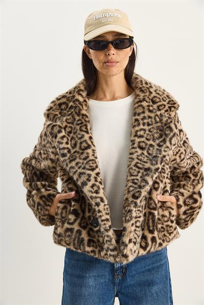 Kadın Leopar Desenli Cep Detaylı Astarlı Suni Kürk 6962 60283772 - Bej