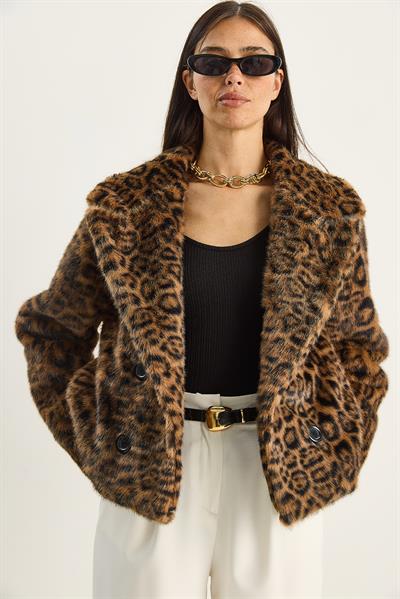 Kadın Leopar Desenli Cep Detaylı Astarlı Suni Kürk 6962 60283772 - Kahverengi