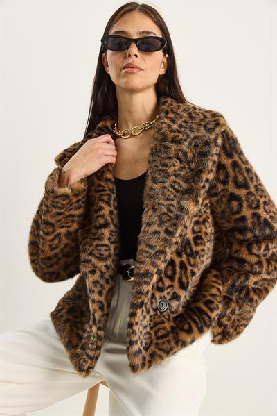 Kadın Leopar Desenli Cep Detaylı Astarlı Suni Kürk 6962 60283772 - Kahverengi