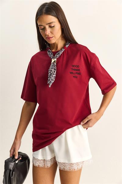 Kadın Leopar Desenli Fular Detaylı Nakışlı Pamuklu Oversize T-Shirt 5298 60283979 - Bordo