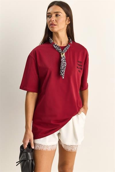 Kadın Leopar Desenli Fular Detaylı Nakışlı Pamuklu Oversize T-Shirt 5298 60283979 - Bordo