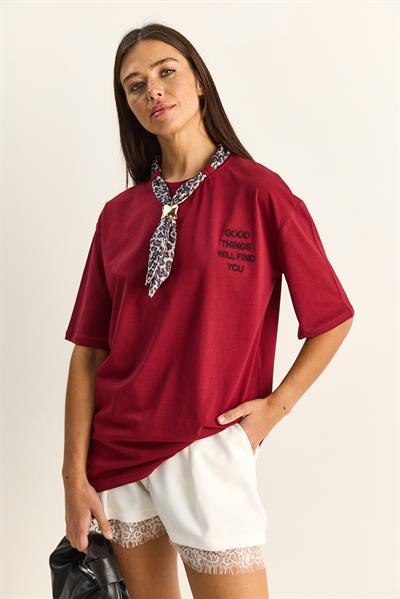 Kadın Leopar Desenli Fular Detaylı Nakışlı Pamuklu Oversize T-Shirt 5298 60283979 - Bordo