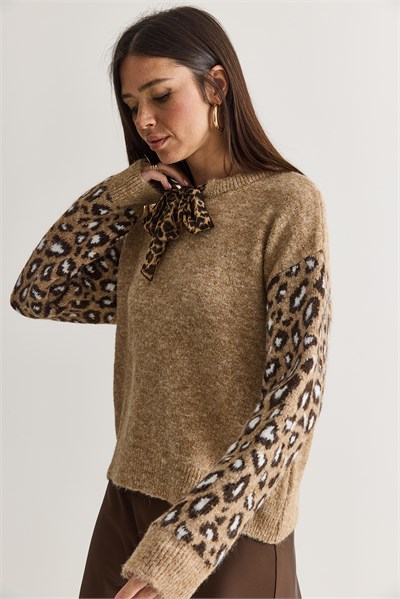 Kadın Leopar Desenli Kollu Fular Detaylı Bisiklet Yaka Şardonlu Triko Kazak 5412 60286699 - Camel