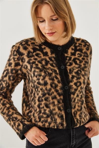 Kadın Leopar Desenli Şardonlu Hırka 241070 60251938 - Siyah-Camel