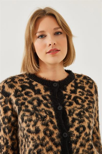 Kadın Leopar Desenli Şardonlu Hırka 241070 60251938 - Siyah-Camel
