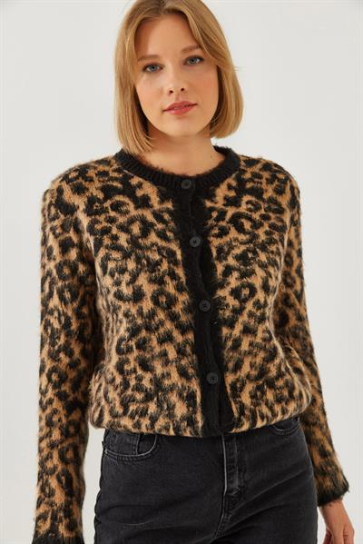 Kadın Leopar Desenli Şardonlu Hırka 241070 60251938 - Siyah-Camel