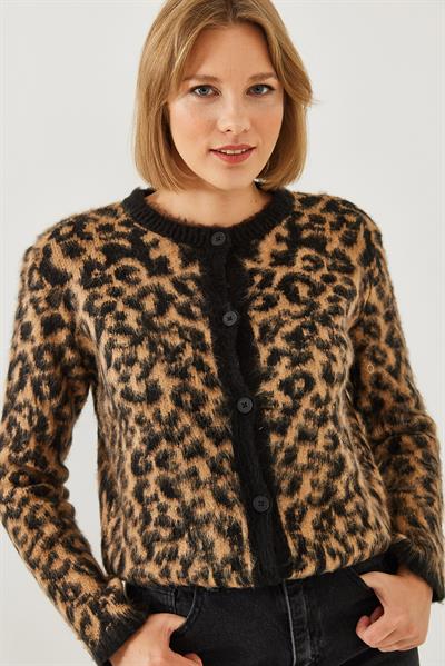 Kadın Leopar Desenli Şardonlu Hırka 241070 60251938 - Siyah-Camel