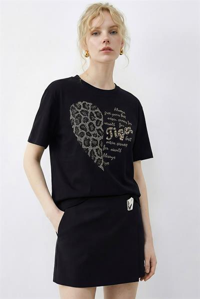 Kadın Leopar Kalp Taş İşlemeli Bisiklet Yaka Regular Fit T-Shirt 2210 60283976 - Siyah