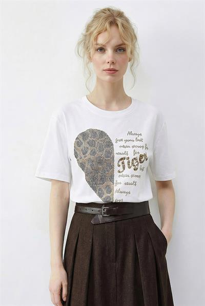 Kadın Leopar Kalp Taş İşlemeli Bisiklet Yaka Regular Fit T-Shirt 2210 60283976 - Beyaz