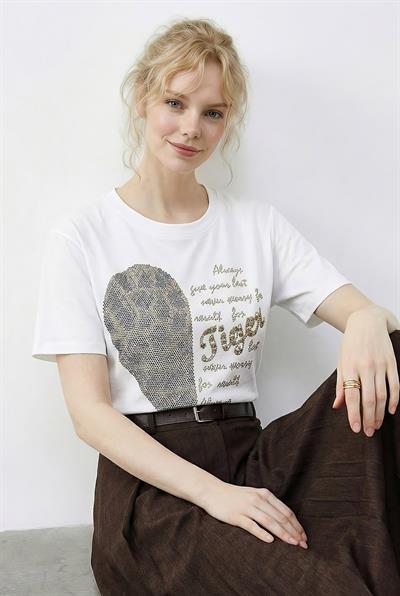 Kadın Leopar Kalp Taş İşlemeli Bisiklet Yaka Regular Fit T-Shirt 2210 60283976 - Beyaz