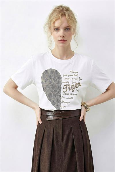 Kadın Leopar Kalp Taş İşlemeli Bisiklet Yaka Regular Fit T-Shirt 2210 60283976 - Beyaz