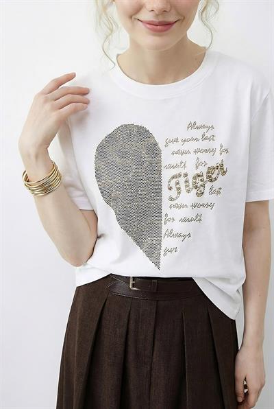 Kadın Leopar Kalp Taş İşlemeli Bisiklet Yaka Regular Fit T-Shirt 2210 60283976 - Beyaz