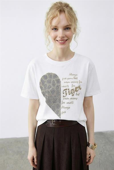 Kadın Leopar Kalp Taş İşlemeli Bisiklet Yaka Regular Fit T-Shirt 2210 60283976 - Beyaz