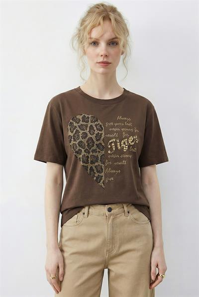 Kadın Leopar Kalp Taş İşlemeli Bisiklet Yaka Regular Fit T-Shirt 2210 60283976 - Kahverengi