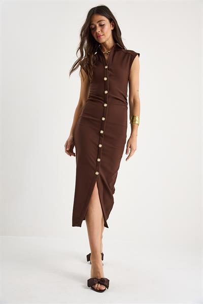 Kadın Likralı Drapeli Midi Boy Gold Düğme Detaylı Saran Elbise 6008 60283332 - Acı Kahve