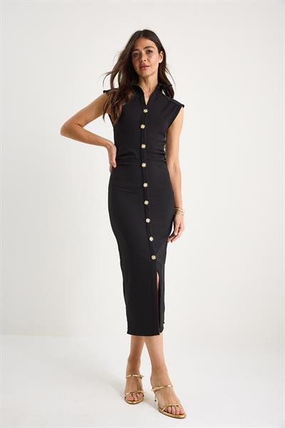 Kadın Likralı Drapeli Midi Boy Gold Düğme Detaylı Saran Elbise 6008 60283332 - Siyah