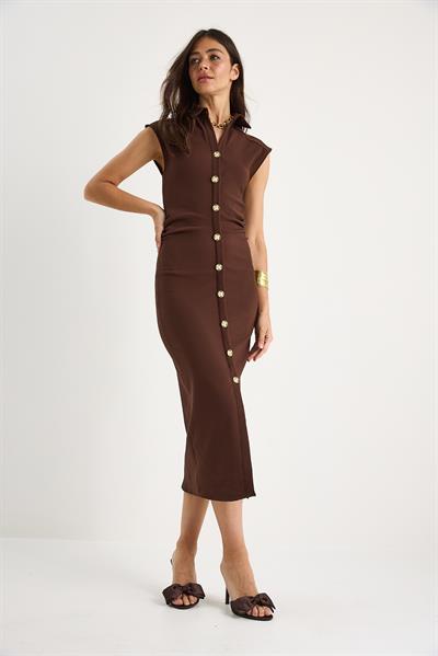 Kadın Likralı Drapeli Midi Boy Gold Düğme Detaylı Saran Elbise 6008 60283332 - Acı Kahve