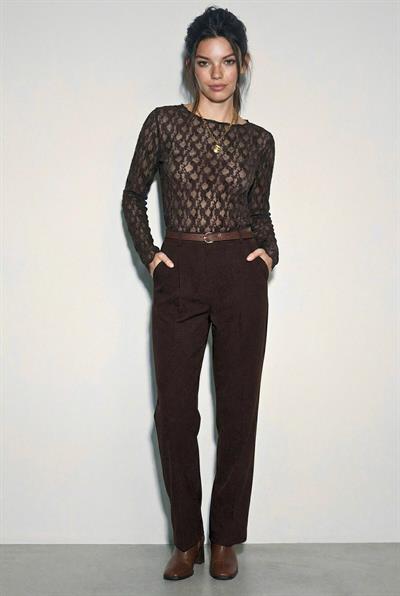 Kadın Likralı Transparan Dantel Bluz 6110 60283928 - Acı Kahve