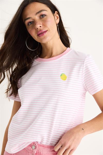 Kadın Limon Nakışlı Çizgili Pamuklu Basic T-Shirt 3369 60283387 - Şeker Pembe