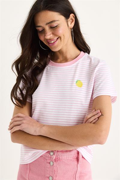 Kadın Limon Nakışlı Çizgili Pamuklu Basic T-Shirt 3369 60283387 - Şeker Pembe