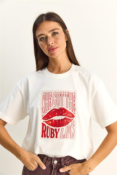 Kadın Lip Print Baskılı %100 Pamuk Oversize Basic T-Shirt ÖT261058 60286100 - Beyaz