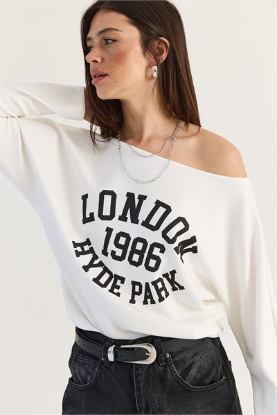 Kadın London Baskılı Kayık Yaka Modal Bluz 6199 60286522 - Beyaz