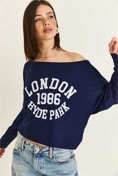 Kadın London Baskılı Kayık Yaka Modal Bluz 6199 60286522 - Lacivert
