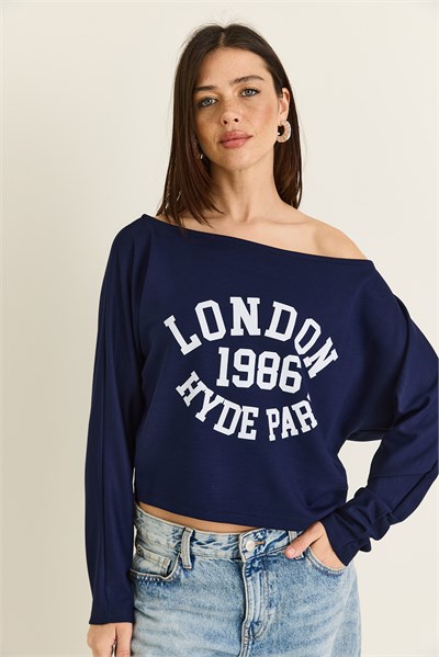 Kadın London Baskılı Kayık Yaka Modal Bluz 6199 60286522 - Lacivert