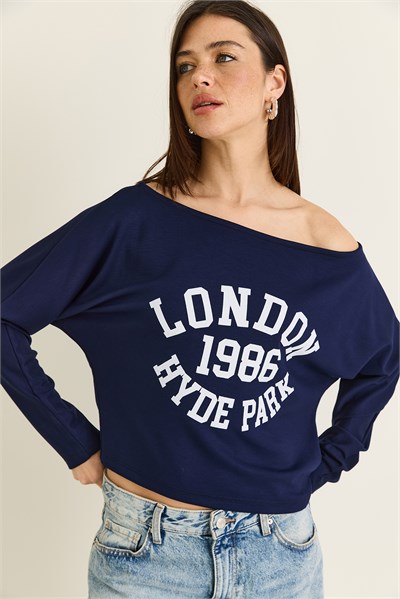 Kadın London Baskılı Kayık Yaka Modal Bluz 6199 60286522 - Lacivert
