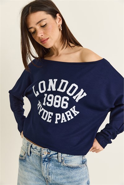 Kadın London Baskılı Kayık Yaka Modal Bluz 6199 60286522 - Lacivert