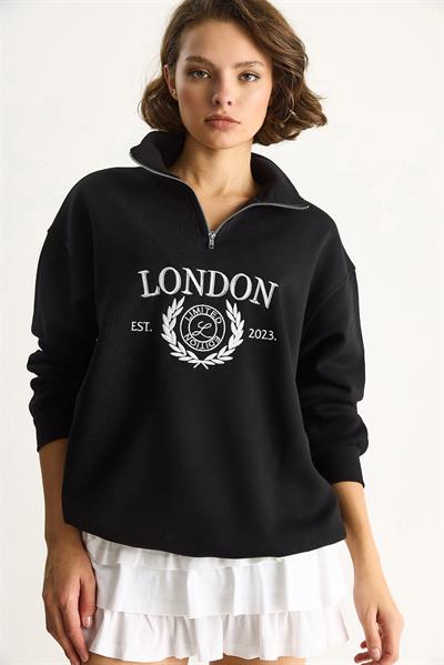 Kadın London İşlemeli Dik Yaka Fermuar Detaylı Şardonlu Oversize Sweatshirt 10003 60283529 - Siyah