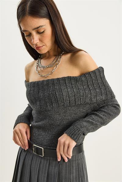 Kadın Madonna Yaka Basic Triko Kazak 60283777 - Antrasit
