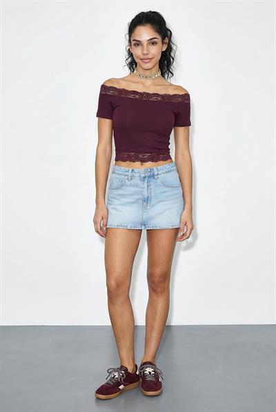 Kadın Madonna Yaka Dantel Detaylı Soft Touch Crop Bluz 0992 60286052 - Mürdüm