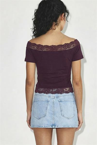 Kadın Madonna Yaka Dantel Detaylı Soft Touch Crop Bluz 0992 60286052 - Mürdüm