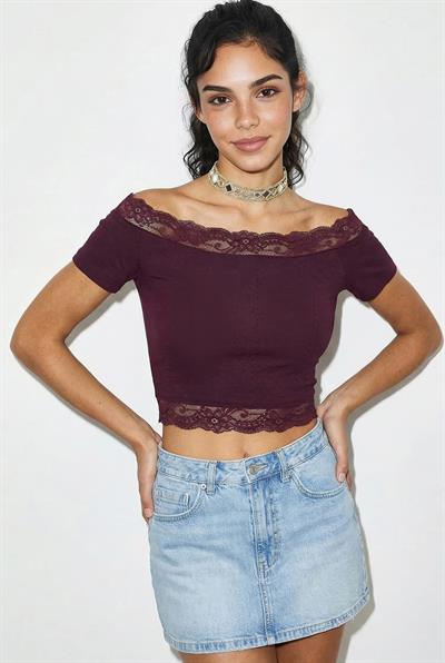 Kadın Madonna Yaka Dantel Detaylı Soft Touch Crop Bluz 0992 60286052 - Mürdüm