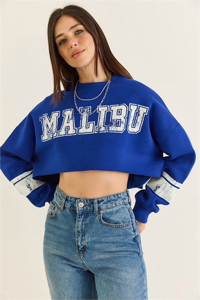 Kadın Malibu Baskılı Bisiklet Yaka Crop Oversize Sweatshirt 828 60286649 - Saks