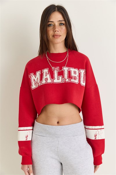 Kadın Malibu Baskılı Bisiklet Yaka Crop Oversize Sweatshirt 828 60286649 - Kırmızı