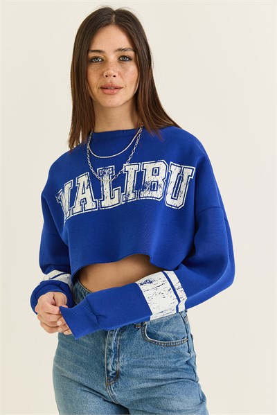 Kadın Malibu Baskılı Bisiklet Yaka Crop Oversize Sweatshirt 828 60286649 - Saks