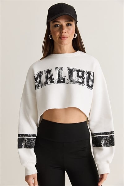 Kadın Malibu Baskılı Bisiklet Yaka Crop Oversize Sweatshirt 828 60286649 - Beyaz