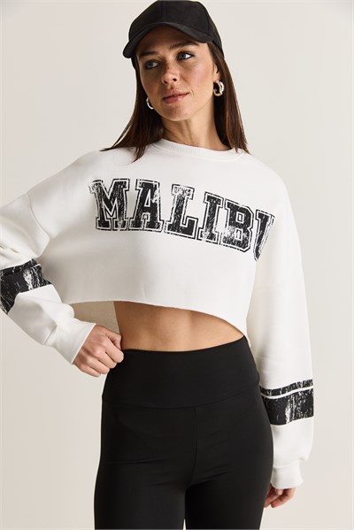 Kadın Malibu Baskılı Bisiklet Yaka Crop Oversize Sweatshirt 828 60286649 - Beyaz