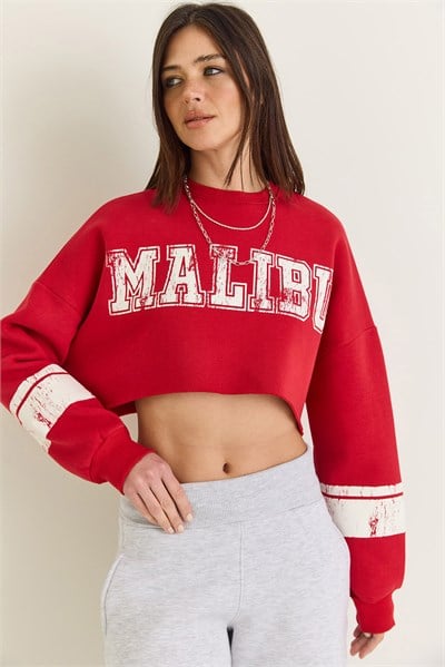 Kadın Malibu Baskılı Bisiklet Yaka Crop Oversize Sweatshirt 828 60286649 - Kırmızı